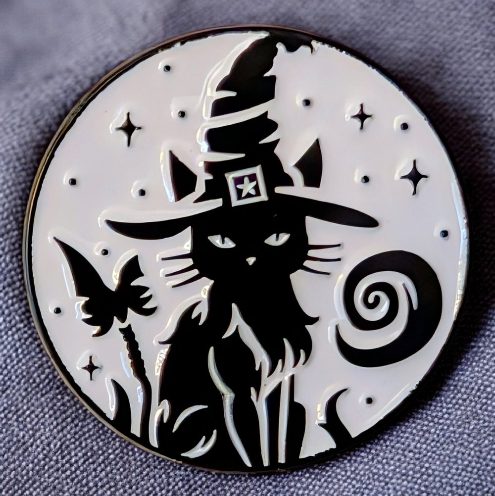 Witch Cat Black & White Enamel Pin